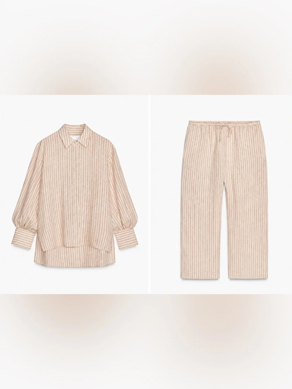 Zara 100% linen Beige Pinstripe Wide-Leg Pants and Blouse Set